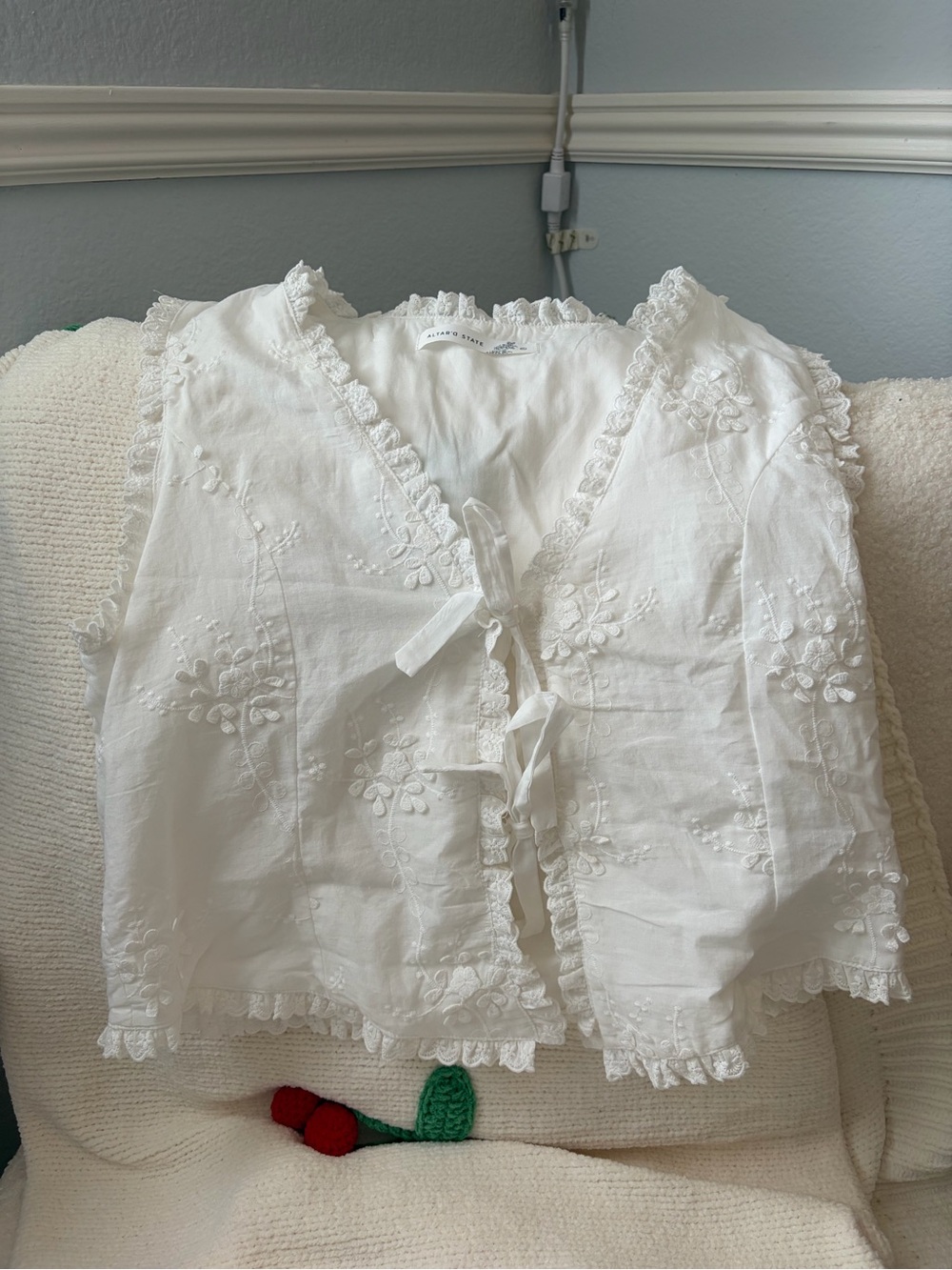 Altar'd State White Embroidered Tie-Front Cotton Top